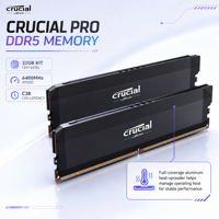 RAM CRUCIAL Pro Overclocking DDR5 32GB (16GBx2) 6400 MT/s CL38 Heatsink Hitam Chip Micron UDIMM 288-Pin XMP 3.0 EXPO Kit