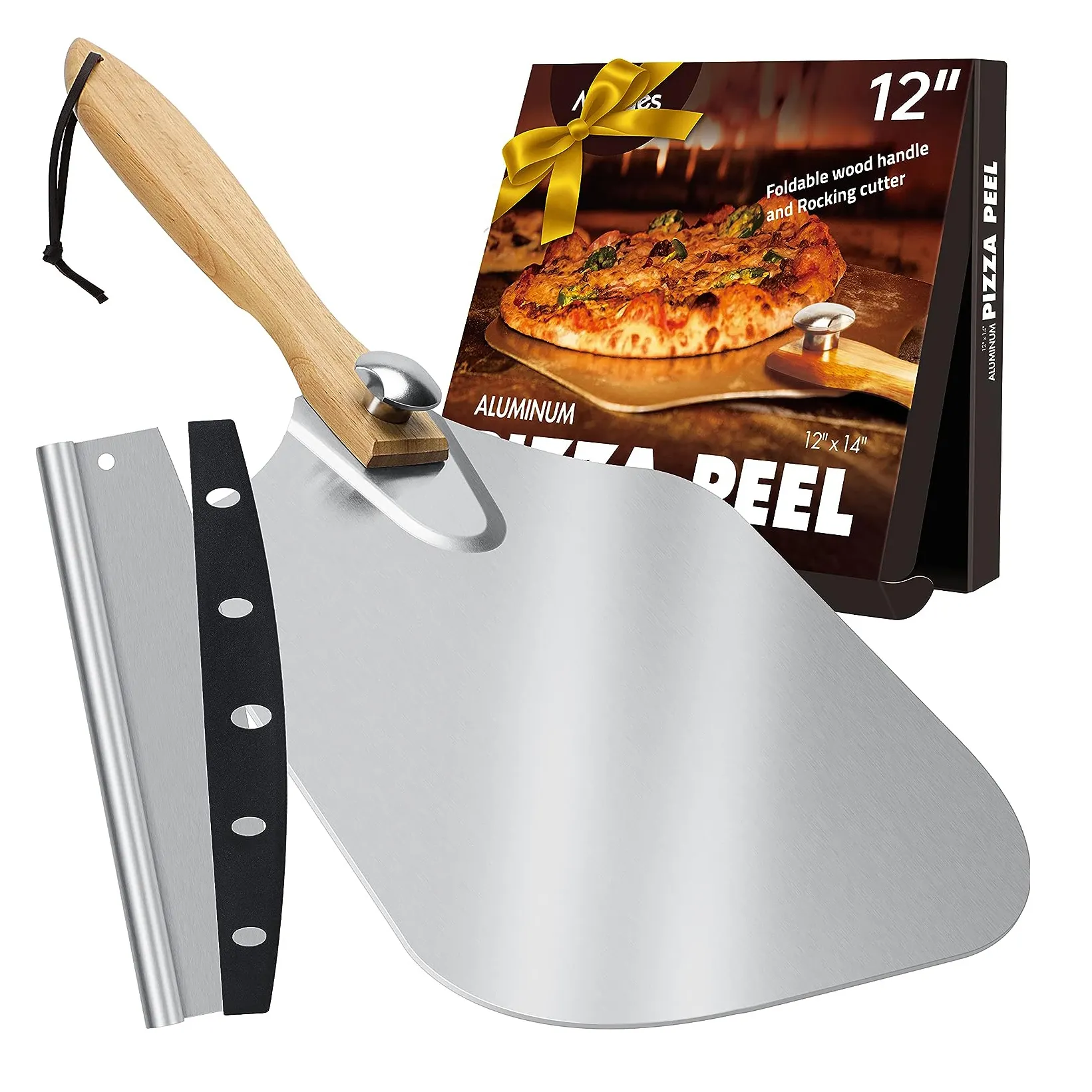 Espátula de alumínio para pizza, espátula de metal para pizza de 12"x14" com cortador de balancim, alça de madeira dobrável