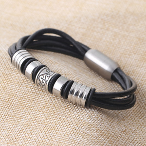 Men's <b>Black</b> Leather <b>Wrap</b> Bracelet With Stainless Steel Beads And Magnetic Clasp For Gift Jewelry - Product Image 2