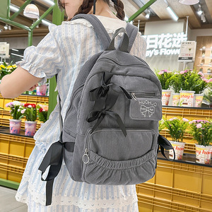 <b>Corduroy</b> Backpack For Women With Bow Knot Large Capacity Casual Shoulder <b>Bag</b> Everyday Use Solid Color 14 Inches Compatible - Product Image 2