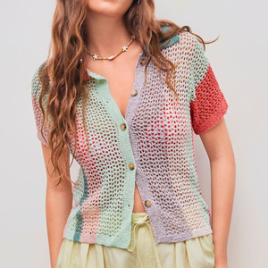 Camiseta de punto a rayas con botones y solapa, holgada, de color contrastante, de manga corta, estilo crochet, para mujer, al por mayor - Product Image 2