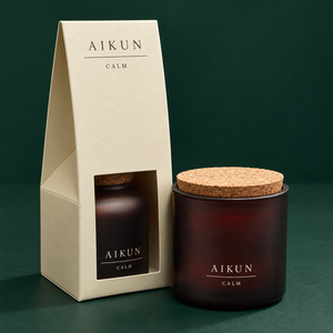 Bougie parfumée Aikun en verre brun givré à mèche unique avec couvercle en liège, emballée en boîte, pour boutiques de cadeaux, marque privée, OEM, ODM, emballage personnalisé - Product Image 1