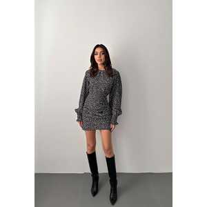 Robe moulante noire à pois, col rond, taille naturelle, en tissu tissé, pour soirée et tenue décontractée, vente en gros - Product Image 4