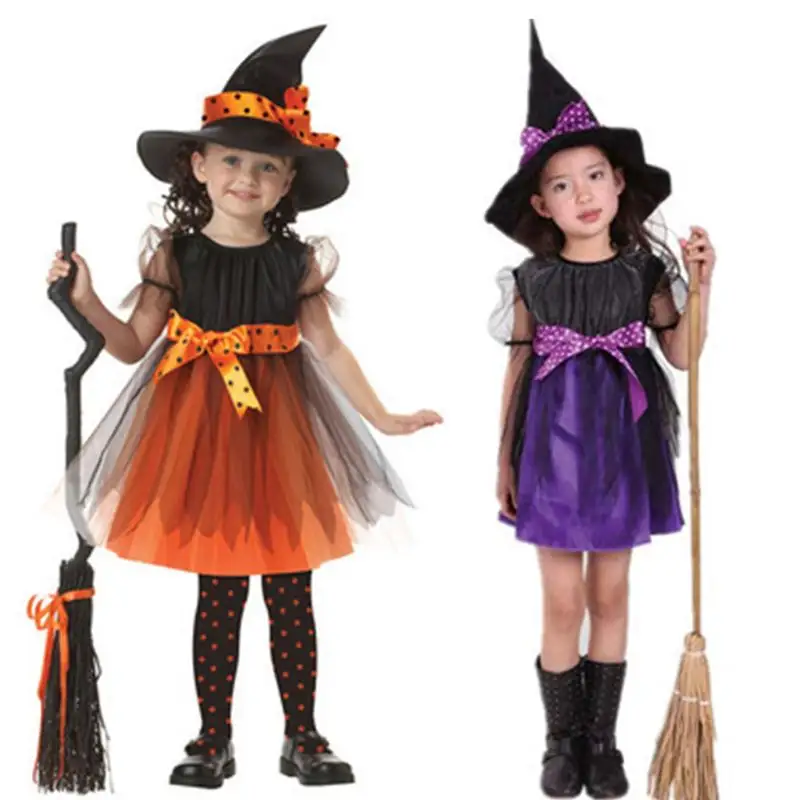 Disfraz de bruja tutú para niña pequeña, Vestido de manga corta para niños, sombrero puntiagudo con cinta para Halloween, accesorios de fiesta de cuento de hadas