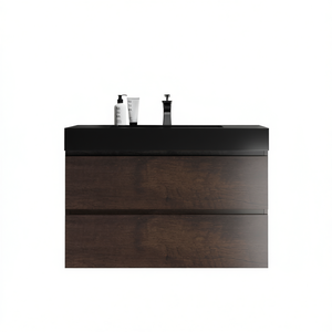 Walnut Floating Bathroom Vanity 36 Inch Wall Mounted Modern One Piece With Black Basin And Drain Faucet <b>Large</b> Storage - Product Image 1