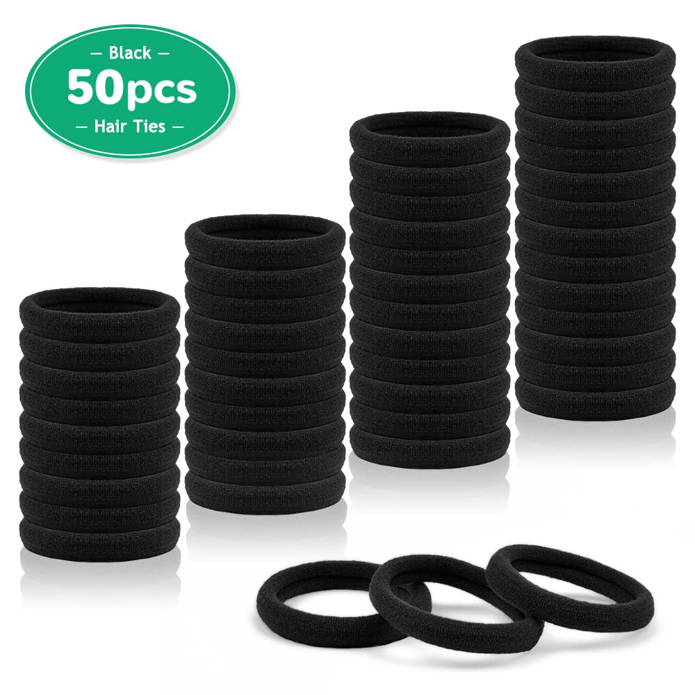 Black Hair Ties 50Pcs Men Ponytail Holder Cotton Seamless Hair Bands No Crease Damage Elastic Fabric Hair Ties for Women and Men