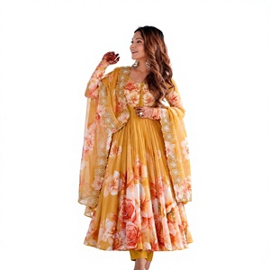 Costume Anarkali jaune à imprimé floral pour femmes, dupatta brodé, tenue traditionnelle indienne, mariage, toutes saisons, coupe régulière, séchage rapide - Product Image 1