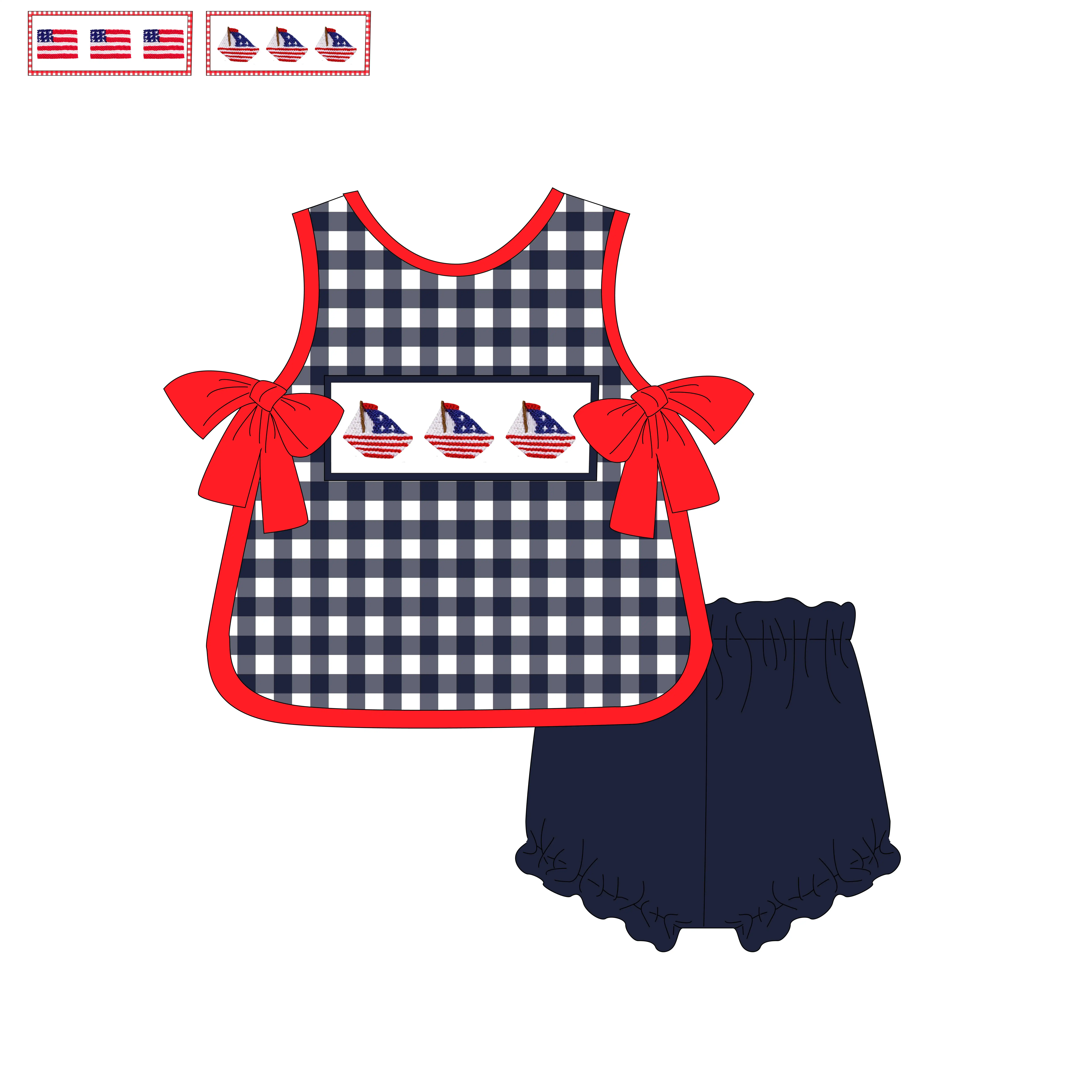 Voor Baby Meisjes Geruite Vlag Custom Bijpassende Kleding Set Groothandel Boetiek Hoge Kwaliteit Borduurwerk Kleding Outfits