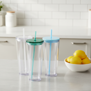 Bicchiere in Acrilico Trasparente a Doppia Parete con Logo Personalizzato, 16oz 24oz, con Cannuccia <span class=keywords><strong>e</strong></span> Coperchio - Product Image 4