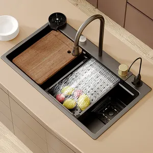 现代黑色单碗不锈钢多功能工作站瀑布厨房水槽带洗杯器