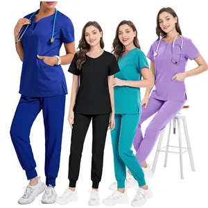 Logo Custom Fashionable Front Zipper Nail Beauty Hair Salon Work Wear Uniform Nurse Scrubs Uniform for Hospital