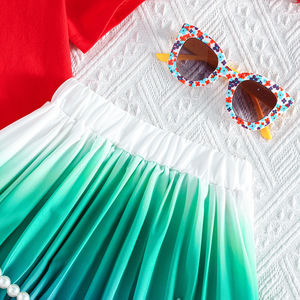 ชุดกระโปรงฤดูร้อนใหม่ปี 2026 สำหรับเด็กหญิงและเด็กเล็ก: เสื้อยืดแขนสั้นปักลายดอกไม้ 3 มิติ + กระโปรงไล่เฉดสี (ชุดสองชิ้น) - Product Image 5