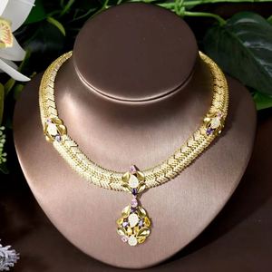 HIBRIDE, 4 Uds., collar grande de Zirconia cúbica africana para mujer, fiesta de boda, Dubai, conjuntos de joyería de lujo chapados en oro para novias, - Product Image 4
