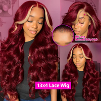 Perruque 99J 613 Ombré Blonde avec Rouge Bourgogne, 100% Cheveux Humains Brésiliens, Pré-Pluckée, Perruque Frontale en Dentelle HD Transparente 13x4, Ondulée (Body Wave)