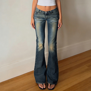 Jeans Acampanados Desgastados para Mujer, con Detalle de Botones, Pantalones Vaqueros Vintage, Estilo Urbano Y2K, Pantalones para Dama - Product Image 4