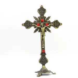 Ortodox cristão religioso cruz de metal, 14.5*25.5cm católico jesus estátua de pé crucifixo com caixa de presente para atacado