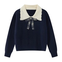 Pull en tricot personnalisé pour femmes Pull à manches longues et col rabattu pour femmes Pull en tricot pour femmes Style Preppy avec nœud papillon et épaules tombantes Pull en tricot pour femmes
