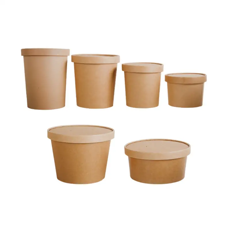 Wholesale Food Boxes Takeaway Packaging Disposable Kraft Pasta Bowls PE Lid Food Container Paper