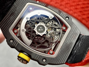 Montre-bracelet mécanique automatique de luxe, double fuseau horaire, cadran en météorite lumineux, lunette rouge et bleue, bracelet en cuir/caoutchouc, fermoir caché - Product Image 6