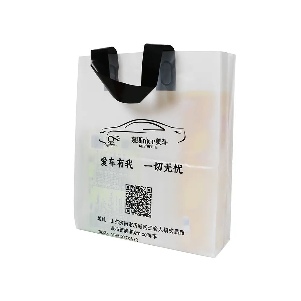 Sacolas de compras de LDPE com logotipo personalizado impresso com alça cortada, sacola de compras para transporte de mercadorias, embalagem plástica descartável grossa