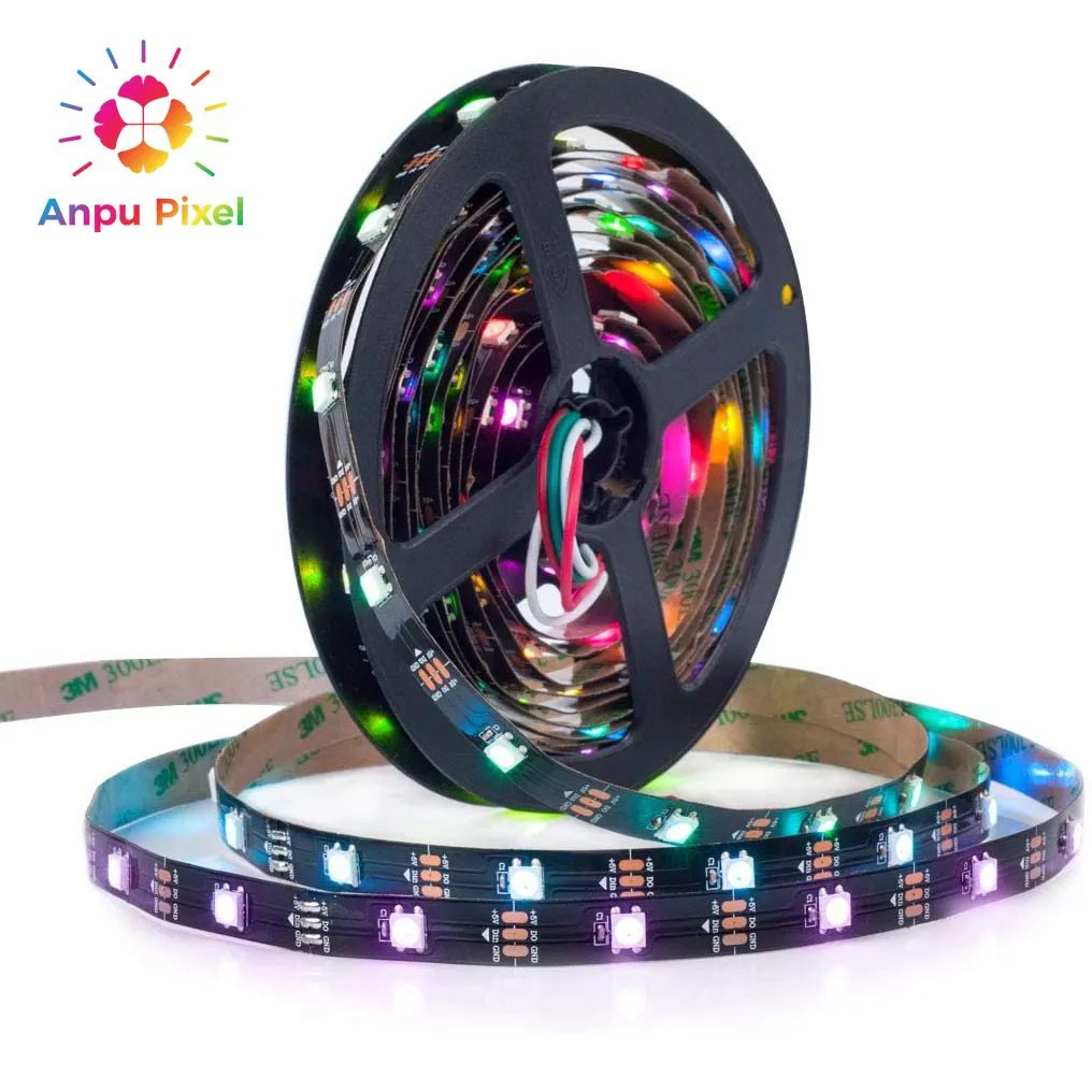 ANPU Pixel Led Digital Led 12v Addressable with Remote APP Control IP65 Waterproof DC5V Flexible Black PCB WS2811 LED Strip