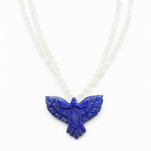 Collier Mala en perles de pierre de lune arc-en-ciel avec pendentif Phénix/Aigle en Lapis Lazuli - Harnessiez la transformation et l'artisanat - Product Image 2