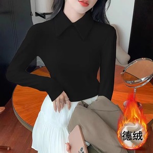 Polo Collar Fleece Warm Long Sleeve Base <b>Layer</b> <b>Top</b> Women Autumn Winter Innerwear Solid Color Stand Collar Off White Black - Product Image 3