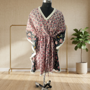 Caftán Floral Estampado a Mano de Alta Calidad, Vestido de Playa de Verano, Vestido de Baño, Caftán de Algodón Suave para Mujer, Caftán hasta la Rodilla - Product Image 2