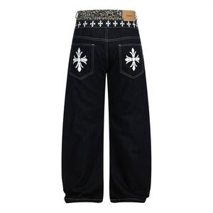 Jeans Femme Américain Rétro Décontracté Style Urbain Vintage Motif Léopard Étoile Patchwork Denim Coupe Droite Été Lacets Courbes - Product Image 1