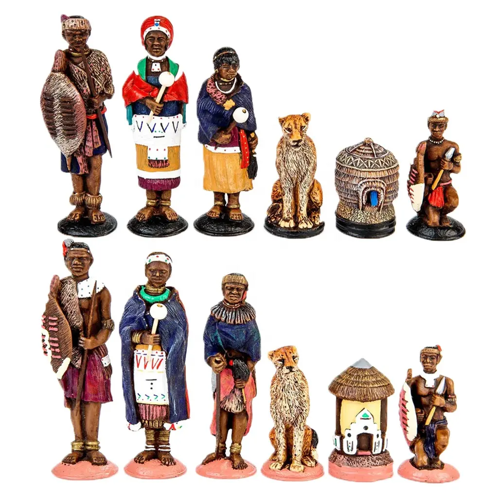 Custom wholesale delicate gift African tribe themed ethnic group figurine polyresin Ndebele chess pieces resin Zulu chess set