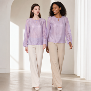 Camicetta da donna con design unico, viola, con polsini in pizzo, trasparente, a maniche lunghe, girocollo, elegante, slim fit, estiva - Product Image 3