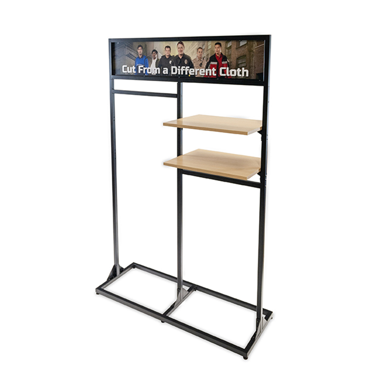 Outdoor Jacket Clothing Display Stand 2-Tier Shelves Floor Standing Metal Wood Easy Assembly Carton Packed for Fashion Stores — view 2