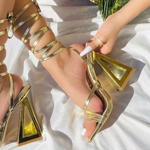 Cut Out Triangle Heel Ankle Lace up Women's High-heeled <b>Shoes</b> Cross Straps Sandals Gold Heels Party Dress <b>Shoes</b> - Product Image 1