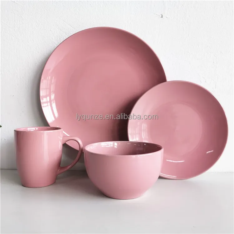 16pcs bright pink color glaze Custom Crockery set Ceramic stoneware dinner set with Plate bowl and cup