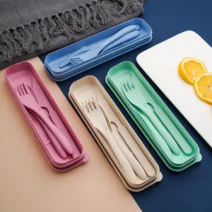 Wheat straw tableware Travel portable tableware set Thickened plastic knife fork and spoon gift can LO GO three-piece set