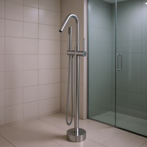 Grifo de Bañera Independiente con Acabado Cromado de 37.6 Pulgadas, Diseño Moderno, Montaje en Suelo, Monomando, Rociador de Lluvia, para Uso en Baño - Product Image 2