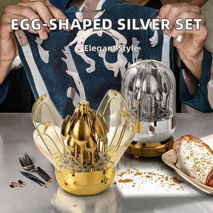 Juego de Cubiertos de Acero Inoxidable de Lujo, 24 Piezas, Diseño de Huevo Plateado, con Cuchillo, Tenedor, Cuchara y Plato para Aperitivos - Product Image 2