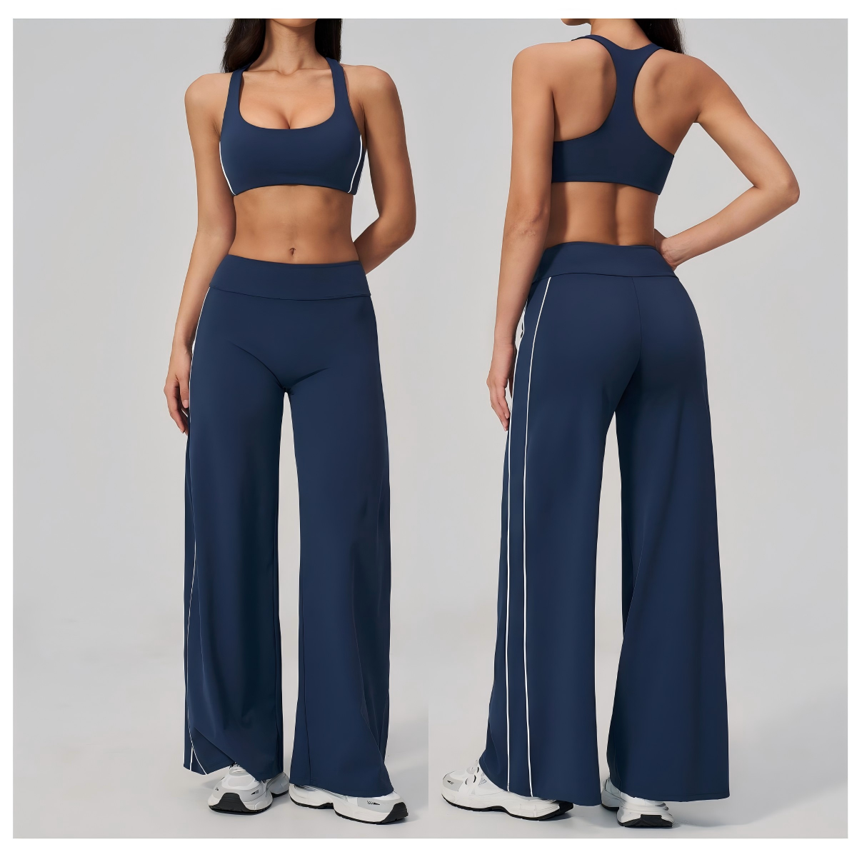 Wholesale Women's 2-piece Yoga Set Contrast Side Stripes 4-way Stretch Spandex Blend Racerback Sports Bra & Wide Leg Pants Set