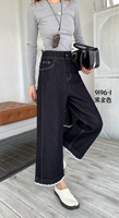 Celana Jeans Wanita Ukuran Besar Model Kaki Lebar dengan Ruffle di Bagian Bawah, Celana Granny, Bahan Denim Elastis untuk Semua Musim, Kain Stretch, Kasual, Kancing, Polos