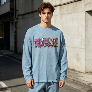 Custom Paint Splatter Digital Print Loose Long Sleeve Waffle Thermal Distressed Street Style Tee Flexible Trial Order for Bulk - Product Image 3
