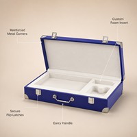Boîte cadeau en bois personnalisée, style mallette, bleu royal, avec coins métalliques, fermoir et poignée pour coffret cadeau haut de gamme
