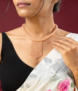 Collier long Mala de luxe fait main en fil et perles, couleur pêche, pour femme, bijoux ethniques bohèmes, idéal pour les festivals et les soirées - Product Image 1