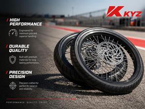 Ensemble de roues Supermoto KYZ 17 pouces 7116-T6 avec moyeu à tirage droit anodisé, jante noire, rayons argentés, disque de frein, pour la course urbaine, mise à niveau professionnelle - Product Image 1