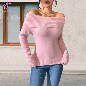 Loveda all'ingrosso da donna Slim Fit colletto <span class=keywords><strong>monospalla</strong></span> maglione Sexy off the shoulen tinta unita <span class=keywords><strong>maglia</strong></span> di Base - Product Image 1
