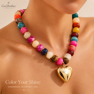 Collana <span class=keywords><strong>girocollo</strong></span> Go2boho Amor <span class=keywords><strong>con</strong></span> perline colorate e ciondolo a cuore in ottone placcato oro, gioiello vistoso e robusto per donna - Product Image 4