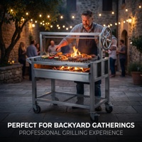 Barbecue professionnel de style Santa Maria argentin avec grille en V en acier inoxydable 304 et système de levage latéral à manivelle pour terrasse