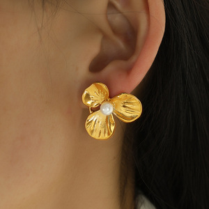 Flower <b>Stud</b> Earrings Gold Pearl Bezel Setting <b>Titanium</b> Steel Party Jewelry EH139 - Product Image 4