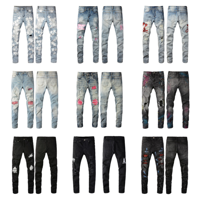 Top Quality High Street Luxury Design Men's Jeans Distressed Slim Fit Ripped Denim Elastic Straight Leg Jeans for Men Wholesale