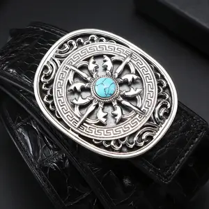 Đen chính hãng da cá sấu vành đai bụng cá sấu và trở lại xương vành đai mịn khóa 925 Sterling Bạc vành đai Ngọc Bích