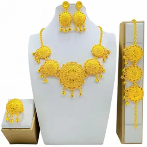 Indian Jewelry Luxury Necklace Jewelry Sets For Women Dubai Gold Color African Arabic Wedding Bridal Collection Sets Earring